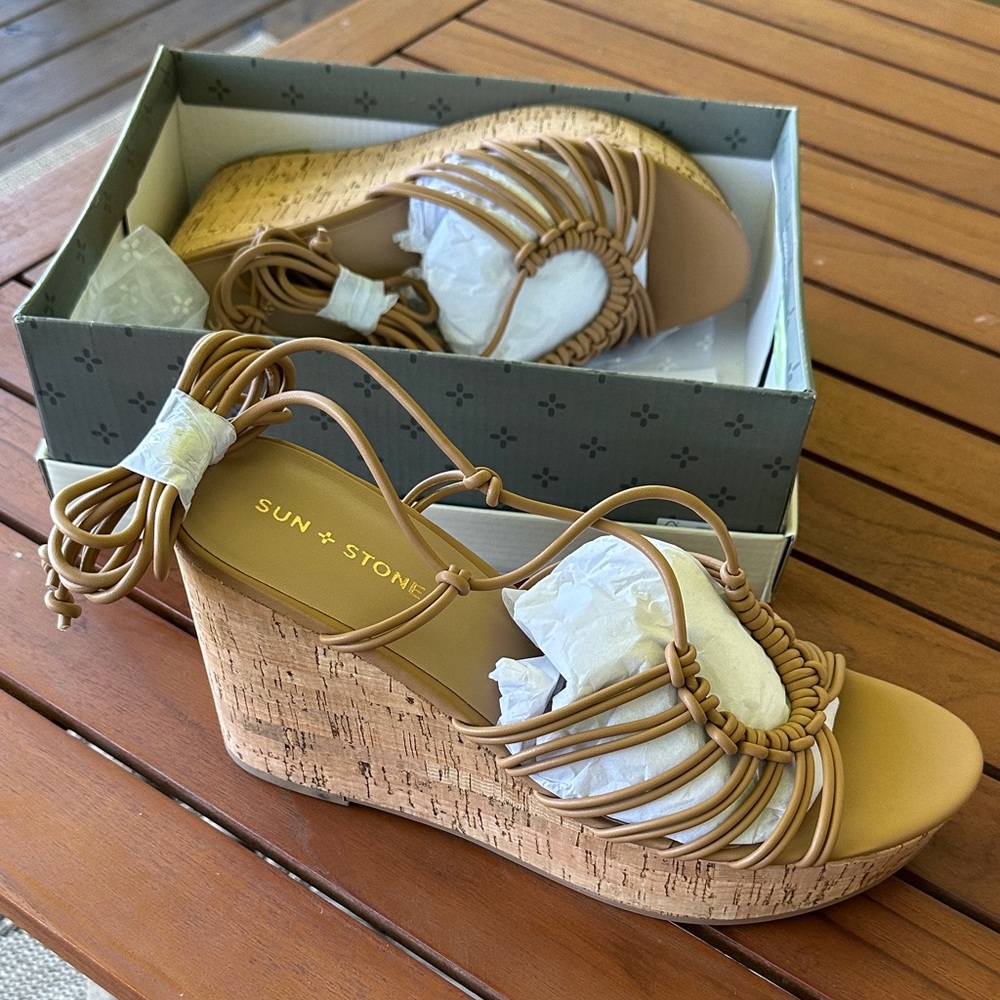 Sun + Stone Beige Wedge Sandals